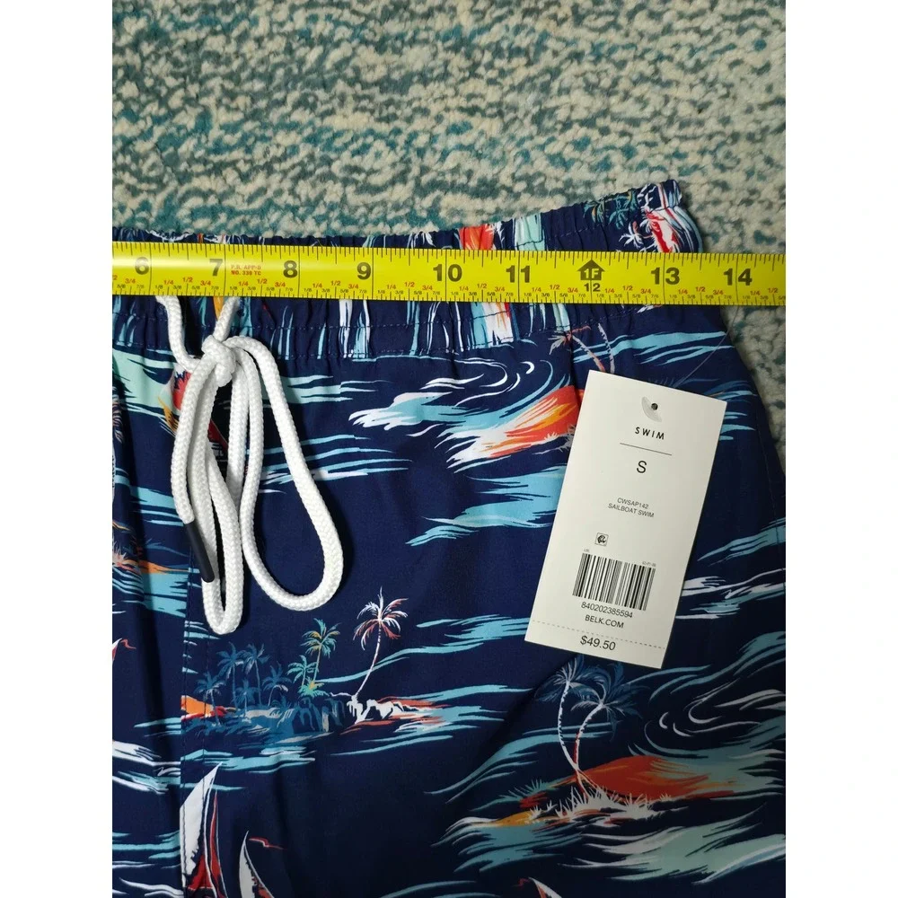 Men Crown & Ivy Swim Trunks SZ S Sailboat Island Print Blue Drawstring Short (W)